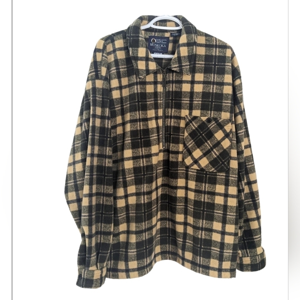 Vintage Muskoka lakes quater 1/4 zip plaid fleece Earthy tone green Medium @w